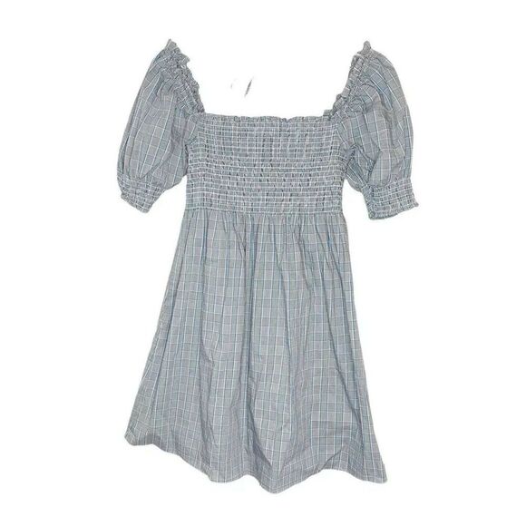 Hill House Athena Gray Blue Plaid Check Puff Sleeve Smocked Mini Nap Dress Small - Picture 2 of 8